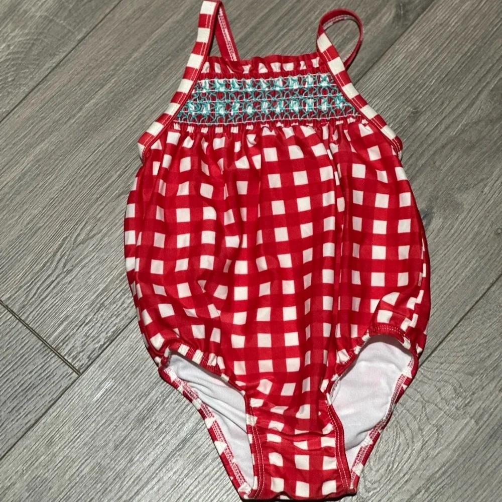 Kids Girl 2T  Month Red Gingham One-Piece Swimsuit with Smocked Detail